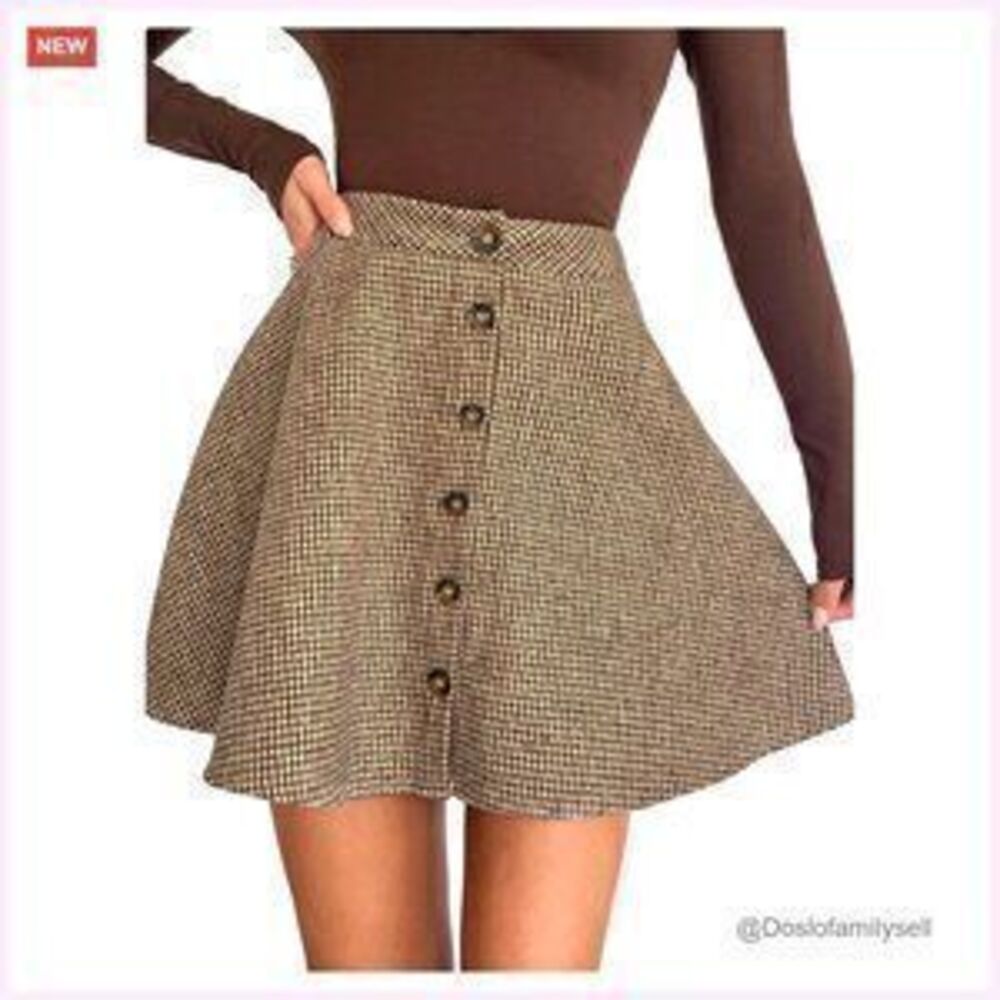 Vintage Plaid Skater Skirt High Waisted Button Front Casual Fall Outfit